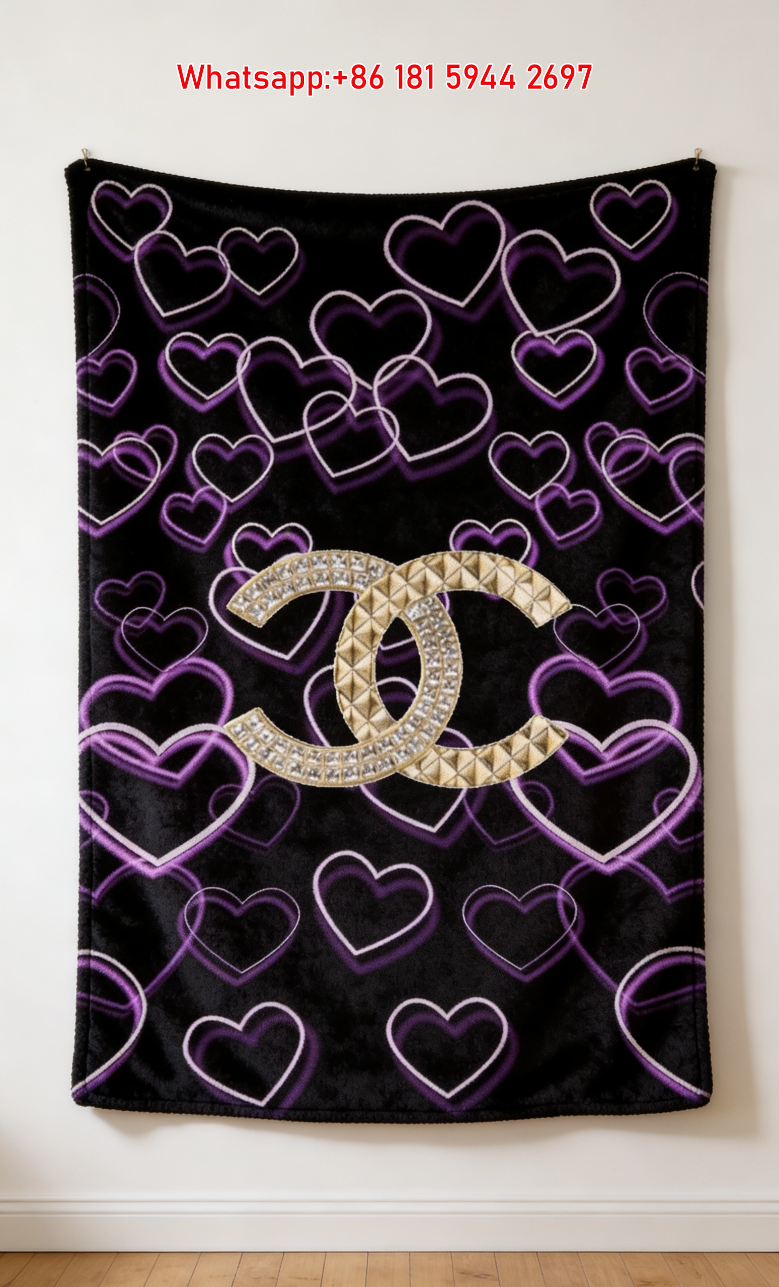 Chanel Luxury Flannel Sofa Throw Blanket - Neon Purple Hearts & Crystal CC Logo Print IMG_7297